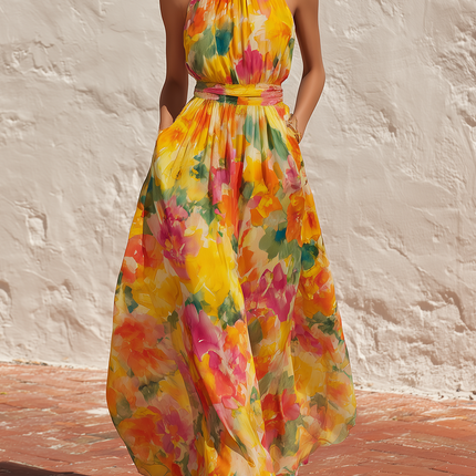 Elegant Vacation Floral Print Chiffon Turtleneck Maxi Dress