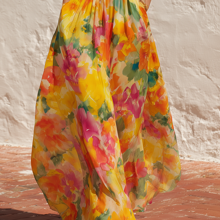 Elegant Vacation Floral Print Chiffon Turtleneck Maxi Dress