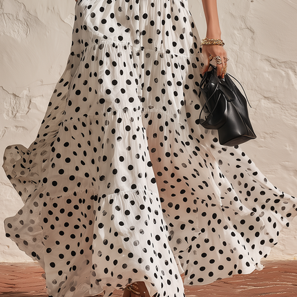 Elegant Vacation-style Halter-neck Polka Dot Top And Chiffon Polka Dot A-line Skirt Set