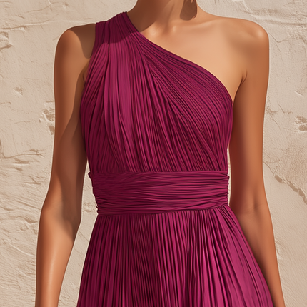 High-quality One-shoulder Pleated Chiffon Maxi Dress