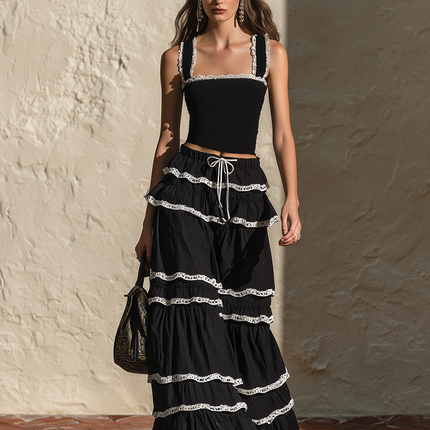 Retro-style Vacation-inspired Sleeveless Top And Ruffled Long Skirt Set