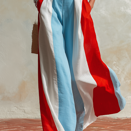 Retro Boat Neck Sleeveless Top And Color-blocked Wide-leg Pants Set