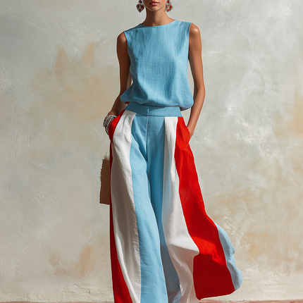 Retro Boat Neck Sleeveless Top And Color-blocked Wide-leg Pants Set