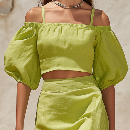Retro-style Vacation Inspired Short Sleeve Top And Slit Cotton-linen Midi Skirt