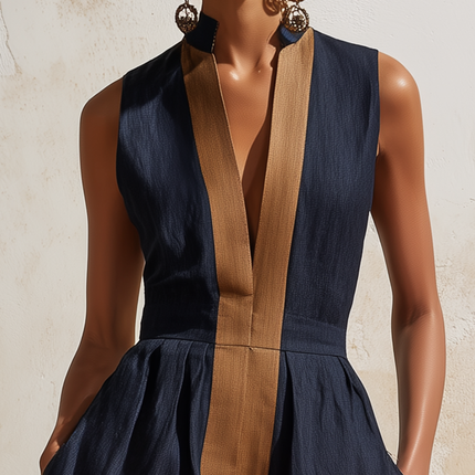 Vacation-style Retro Color-blocked Sleeveless Cotton And Linen Dress