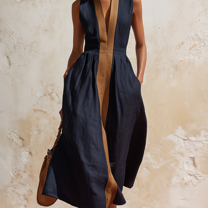 Vacation-style Retro Color-blocked Sleeveless Cotton And Linen Dress