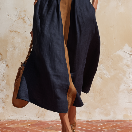 Vacation-style Retro Color-blocked Sleeveless Cotton And Linen Dress