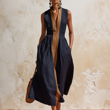 Vacation-style Retro Color-blocked Sleeveless Cotton And Linen Dress
