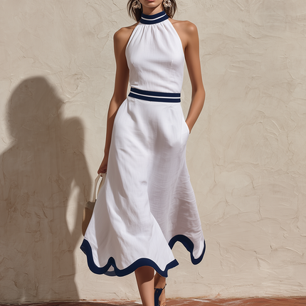 Elegant Sleeveless Contrasting Color Trim Cotton-linen Dress