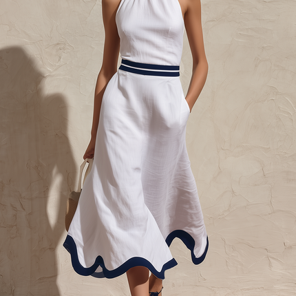 Elegant Sleeveless Contrasting Color Trim Cotton-linen Dress