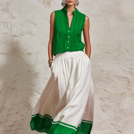 Retro-style Stand-up Collar Shirt And Color-blocked Striped Skirt Set