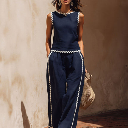 Retro-elegant Wavy Color-blocked Trim Sleeveless Cotton-linen Top And Wide-leg Pants Set