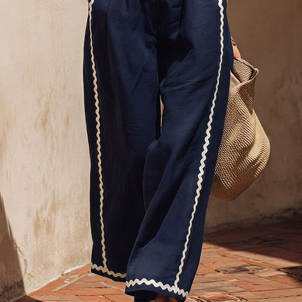 Retro-elegant Wavy Color-blocked Trim Sleeveless Cotton-linen Top And Wide-leg Pants Set
