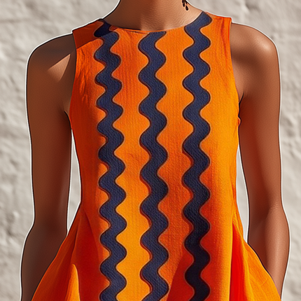 Retro High-end Round Neck Sleeveless Color-blocked Webbing Cotton And Linen Mini Dress