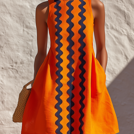 Retro High-end Round Neck Sleeveless Color-blocked Webbing Cotton And Linen Mini Dress
