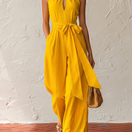 Elegant Sleeveless Belted Halter Neck Cotton-linen Jumpsuit