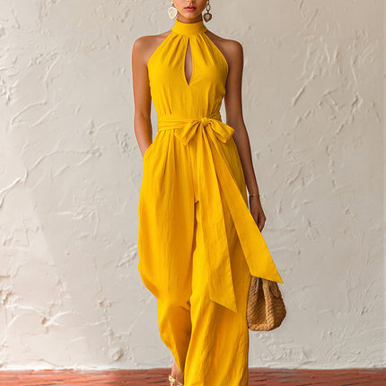 Elegant Sleeveless Belted Halter Neck Cotton-linen Jumpsuit