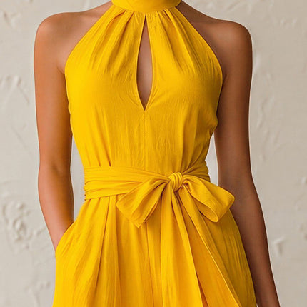 Elegant Sleeveless Belted Halter Neck Cotton-linen Jumpsuit