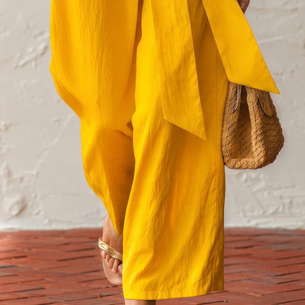 Elegant Sleeveless Belted Halter Neck Cotton-linen Jumpsuit