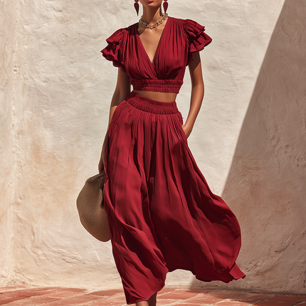 Retro Bohemian V-neck Ruffled Top And Long Skirt Set
