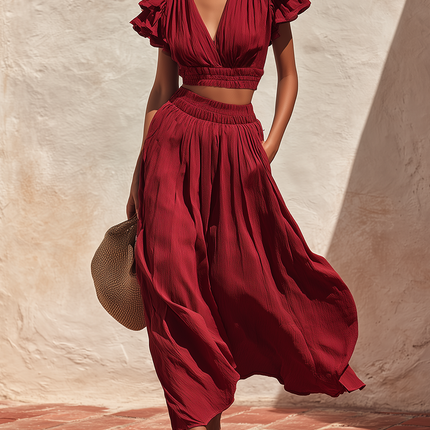 Retro Bohemian V-neck Ruffled Top And Long Skirt Set