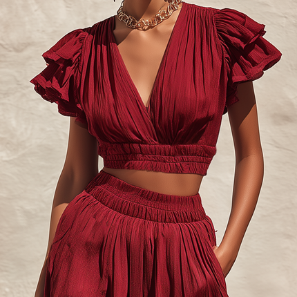 Retro Bohemian V-neck Ruffled Top And Long Skirt Set