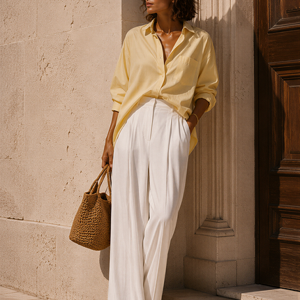 Minimalist And Elegant Resort-style Long-sleeved Shirt And Wide-leg Trousers Set