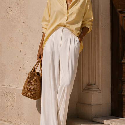 Minimalist And Elegant Resort-style Long-sleeved Shirt And Wide-leg Trousers Set