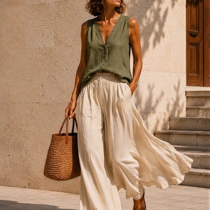 Vacation-style Retro V-neck Sleeveless Shirt And Super Loose Wide-leg Pants