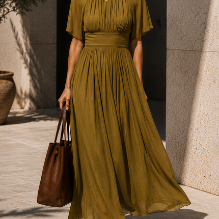 Vacation Retro Round Neck Short Sleeve Chiffon Maxi Dress