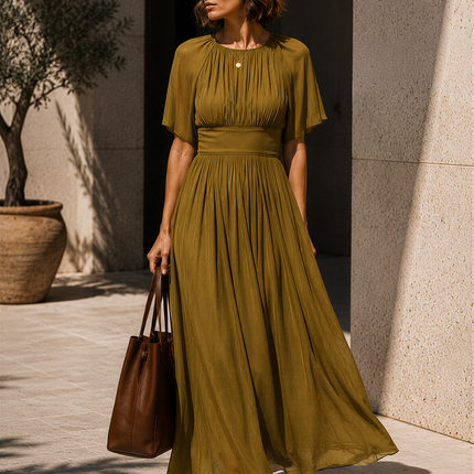 Vacation Retro Round Neck Short Sleeve Chiffon Maxi Dress