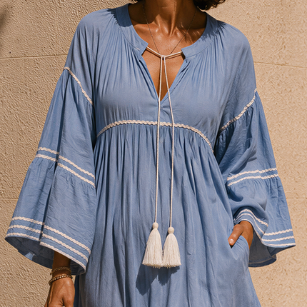 Vacation Retro V-neck Flared Sleeve Striped Maxi Dress