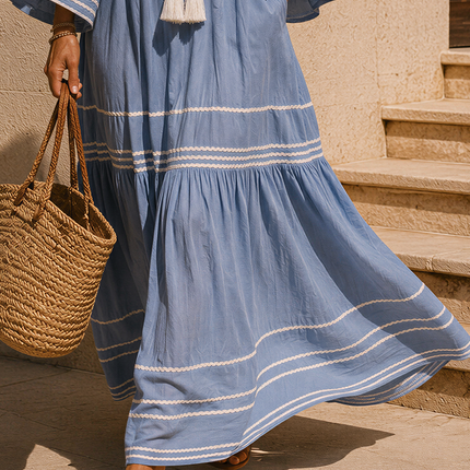 Vacation Retro V-neck Flared Sleeve Striped Maxi Dress