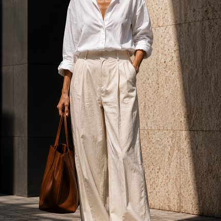Minimalist And Relaxed Two-piece Set Of Long-sleeved Shirt And Wide-leg Pants