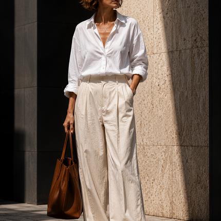 Minimalist And Relaxed Two-piece Set Of Long-sleeved Shirt And Wide-leg Pants