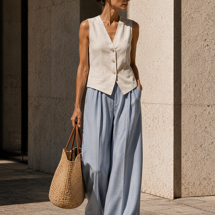 Minimalist Casual V-neck Vest And Wide-leg Pants Two-piece Set