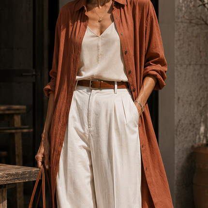 Minimalist Casual Long Shirt And Wide-leg Pants Two-piece Set