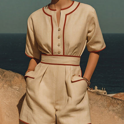 Trendy Retro French Elegant Resort Cotton And Linen Jumpsuit