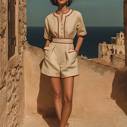 Trendy Retro French Elegant Resort Cotton And Linen Jumpsuit