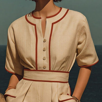 Trendy Retro French Elegant Resort Cotton And Linen Jumpsuit