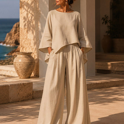 Simple And Casual Solid Color Cotton And Linen Top And Wide-leg Pants Set