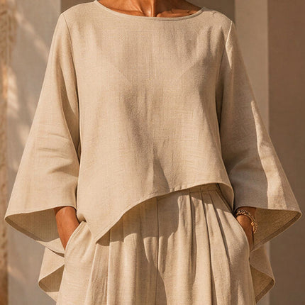 Simple And Casual Solid Color Cotton And Linen Top And Wide-leg Pants Set