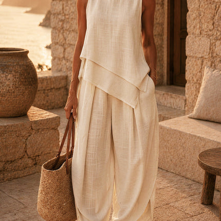 Minimalist Vacation-style Asymmetrical Hem Tank Top And Pants Set