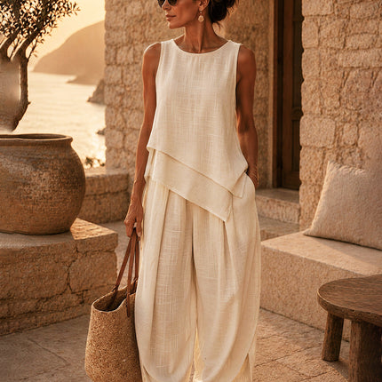 Minimalist Vacation-style Asymmetrical Hem Tank Top And Pants Set
