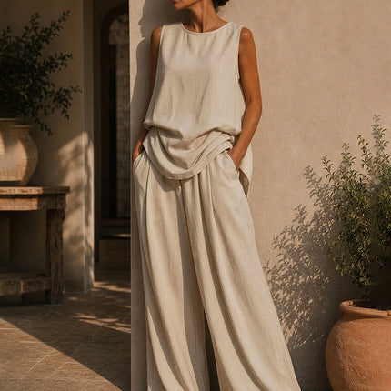 Minimalist Elegant Vacation-style Round Neck Cotton-linen Top And Wide-leg Pants Set