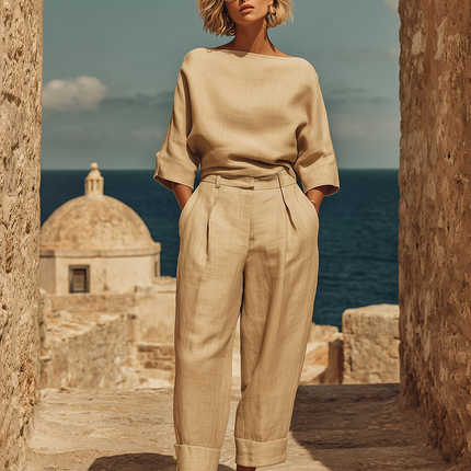 Elegant Luxurious Resort-style Boat Neck Top And Harem Pants Set