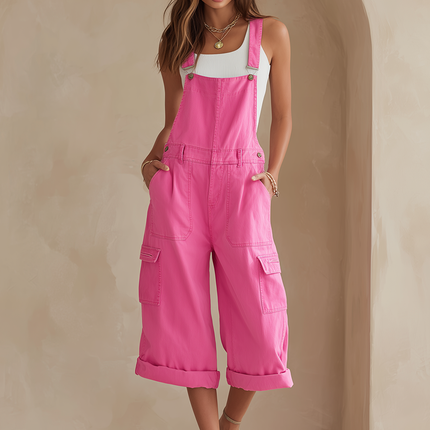 Simple Pink Cropped Straps Pockets Faux Denim Jumpsuit