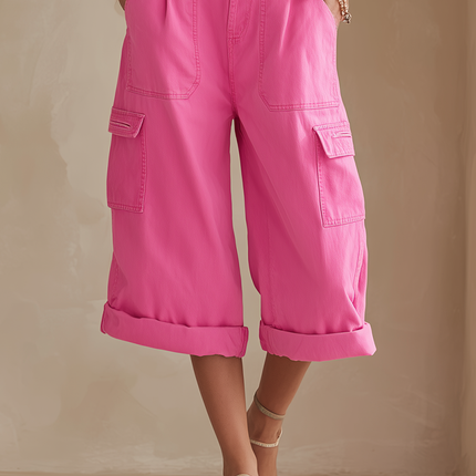 Simple Pink Cropped Straps Pockets Faux Denim Jumpsuit