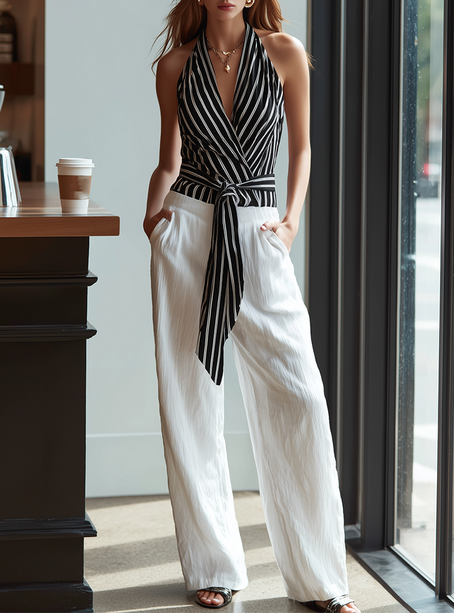 Casual Black Striped Chiffon Sleeveless Top And White Wide Leg Pants Set