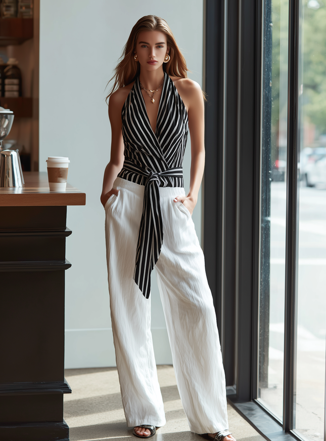Casual Black Striped Chiffon Sleeveless Top And White Wide Leg Pants Set